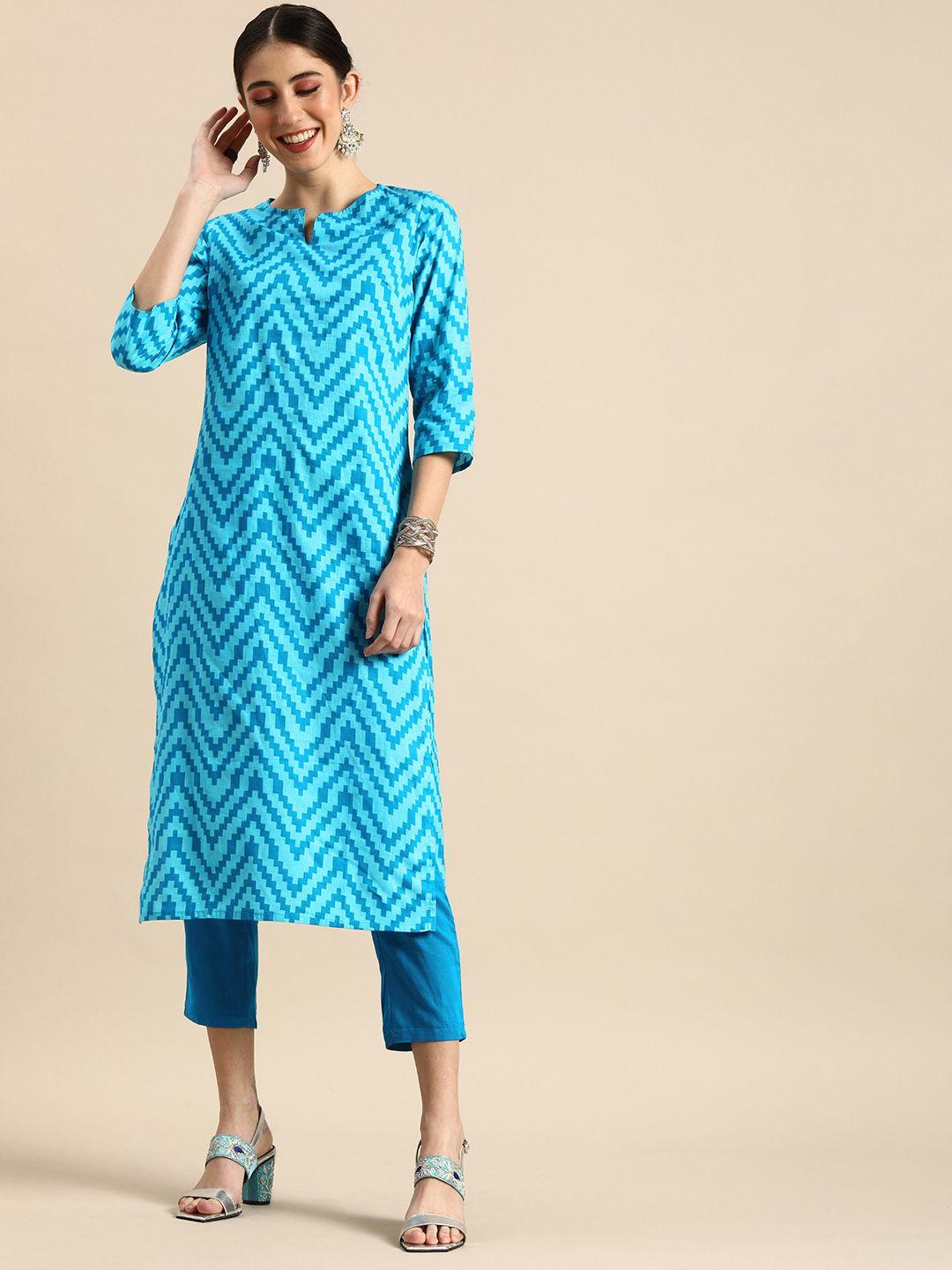 anouk women blue chevron printed pure cotton kurta with trousers