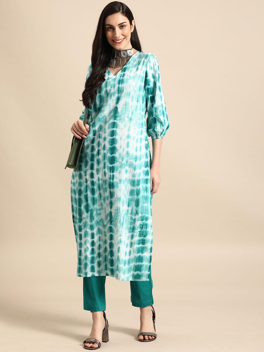 anouk women blue dyed pure cotton kurta with trousers