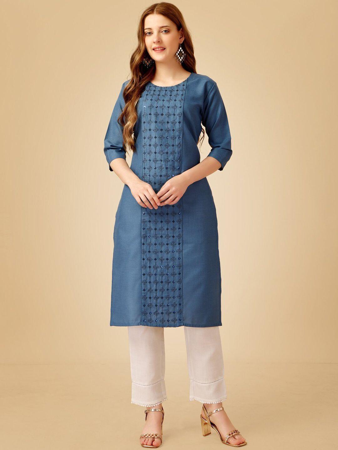 anouk women blue embroidered regular sequinned kurti with trousers