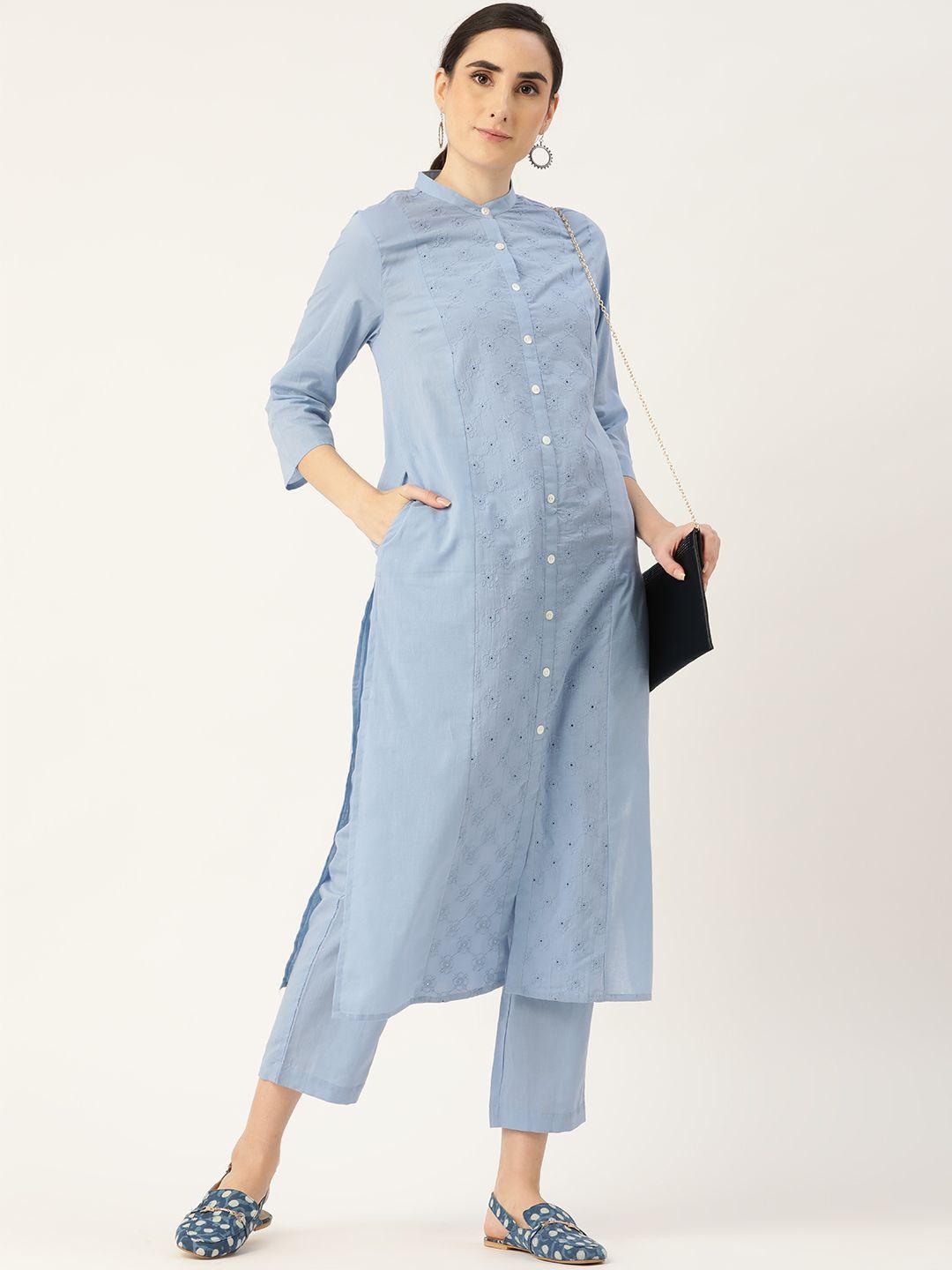anouk women blue ethnic motifs embroidered panelled pure cotton kurta with trousers