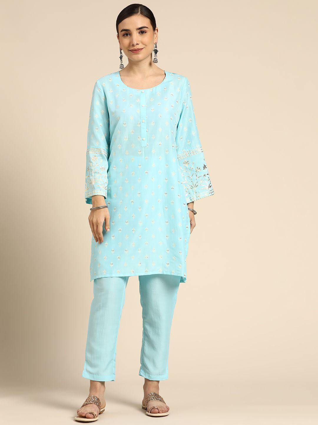 anouk women blue ethnic motifs printed kurta with trousers