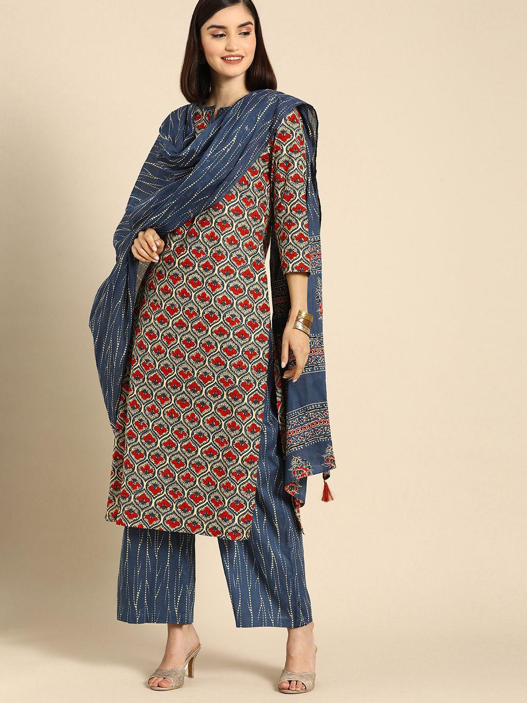 anouk women blue ethnic motifs printed regular pure cotton kurta with palazzos & dupatta