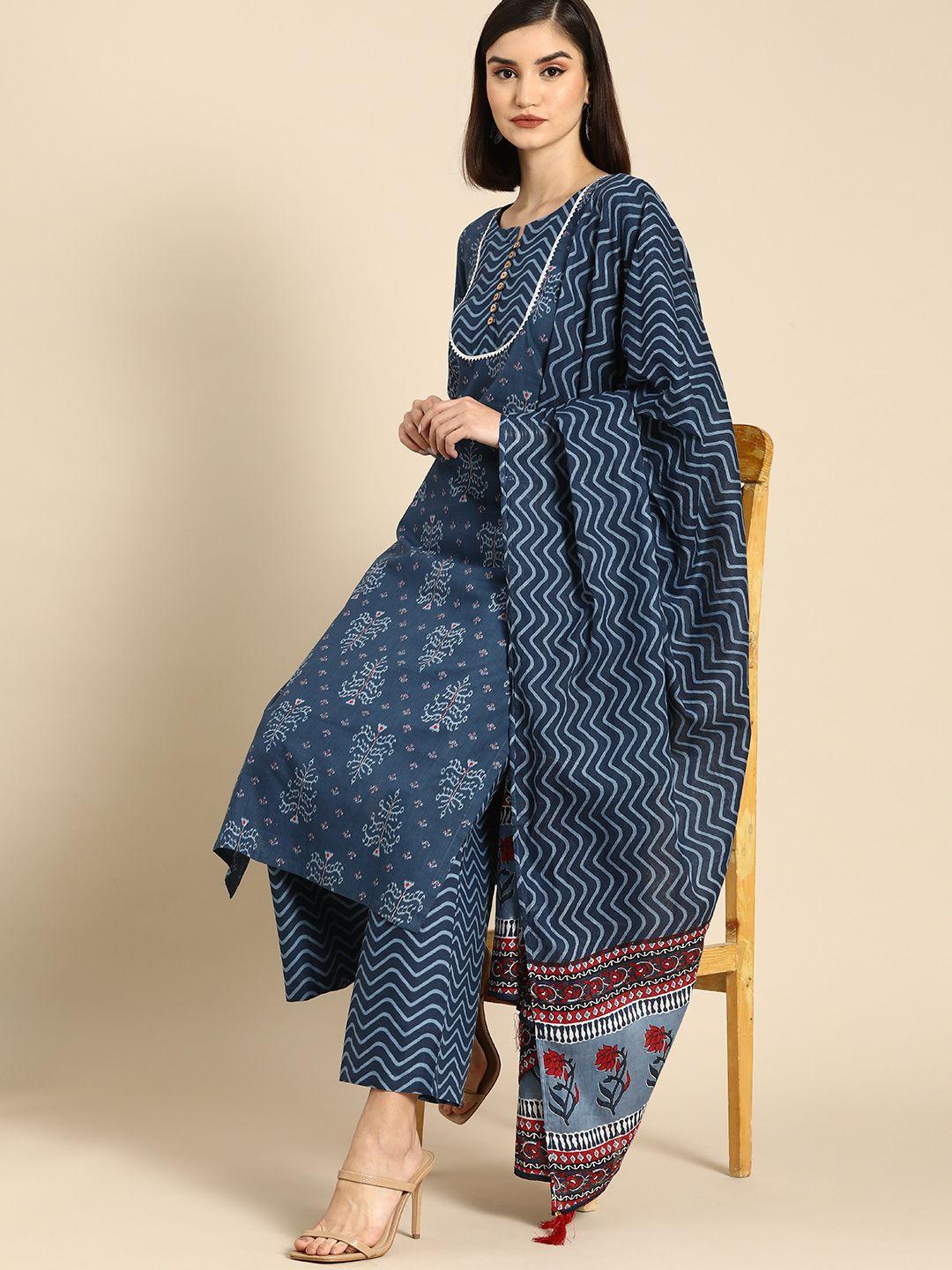 anouk women blue ethnic motifs printed regular pure cotton kurta with palazzos & with dupatta