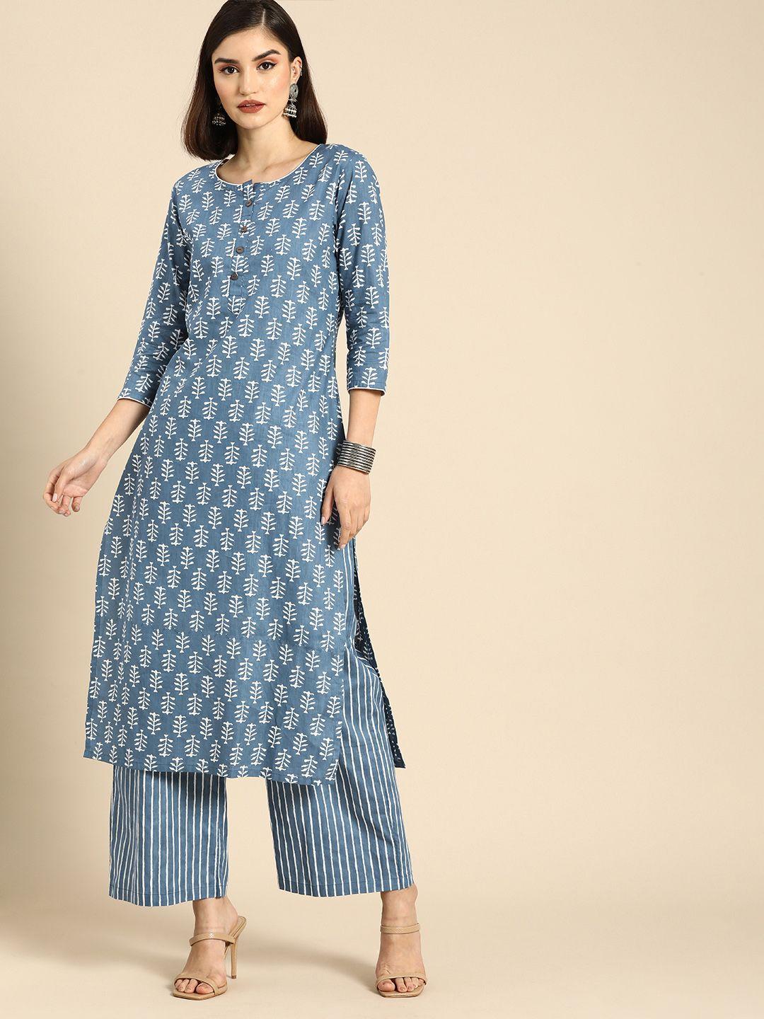 anouk women blue ethnic motifs printed regular pure cotton kurta with palazzos