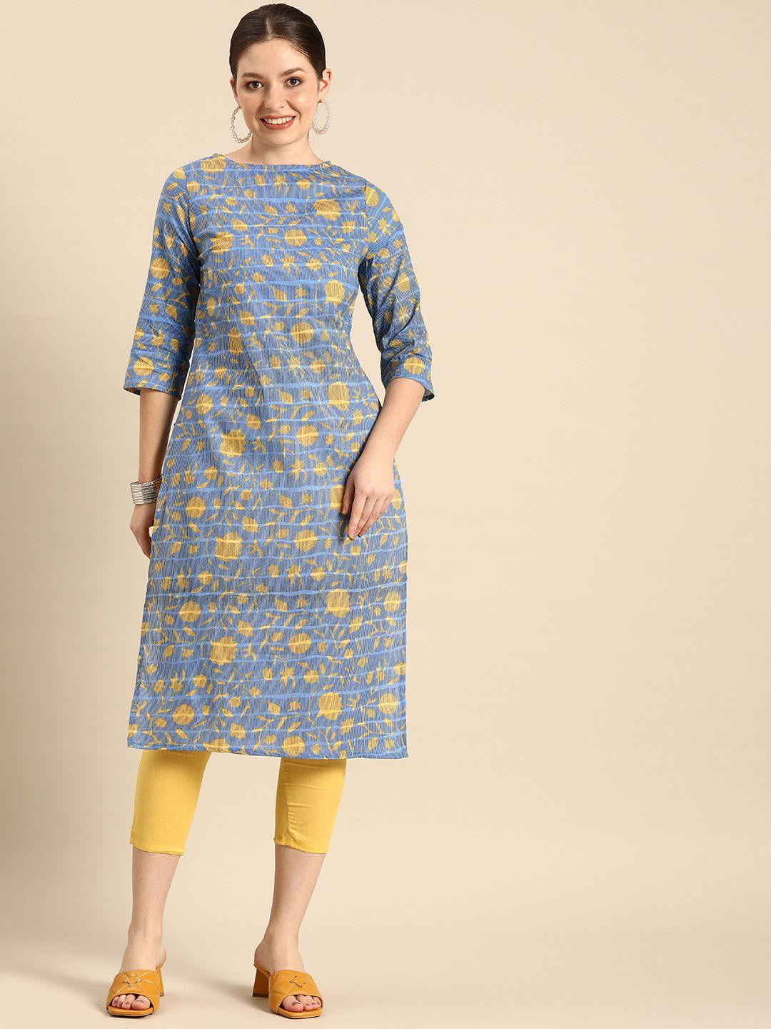 anouk women blue floral printed pure cotton kurta with trousers