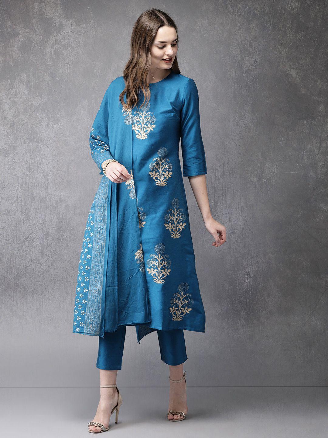 anouk women blue printed kurta with trousers & dupatta