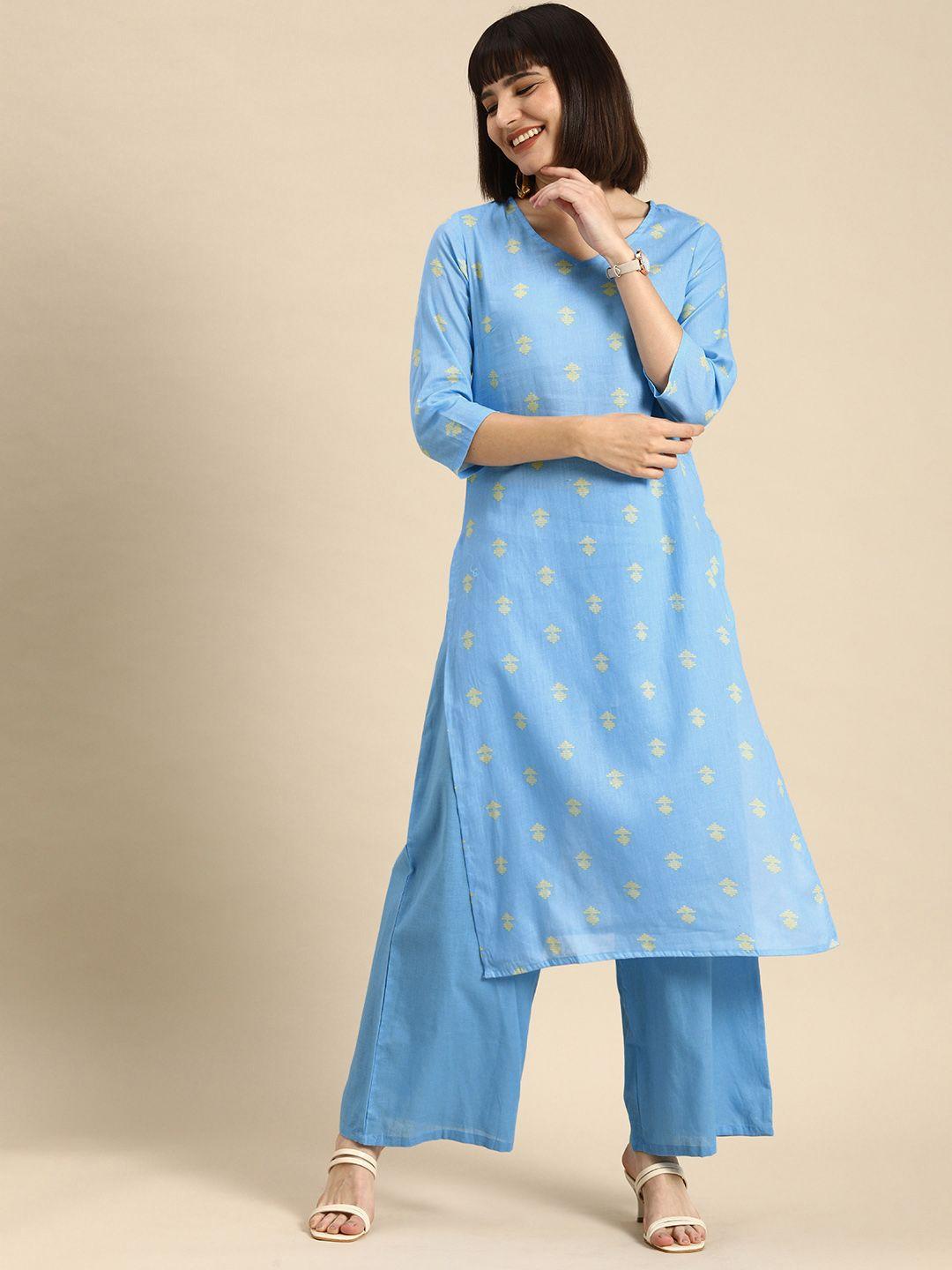 anouk women blue printed pure cotton kurta with palazzos