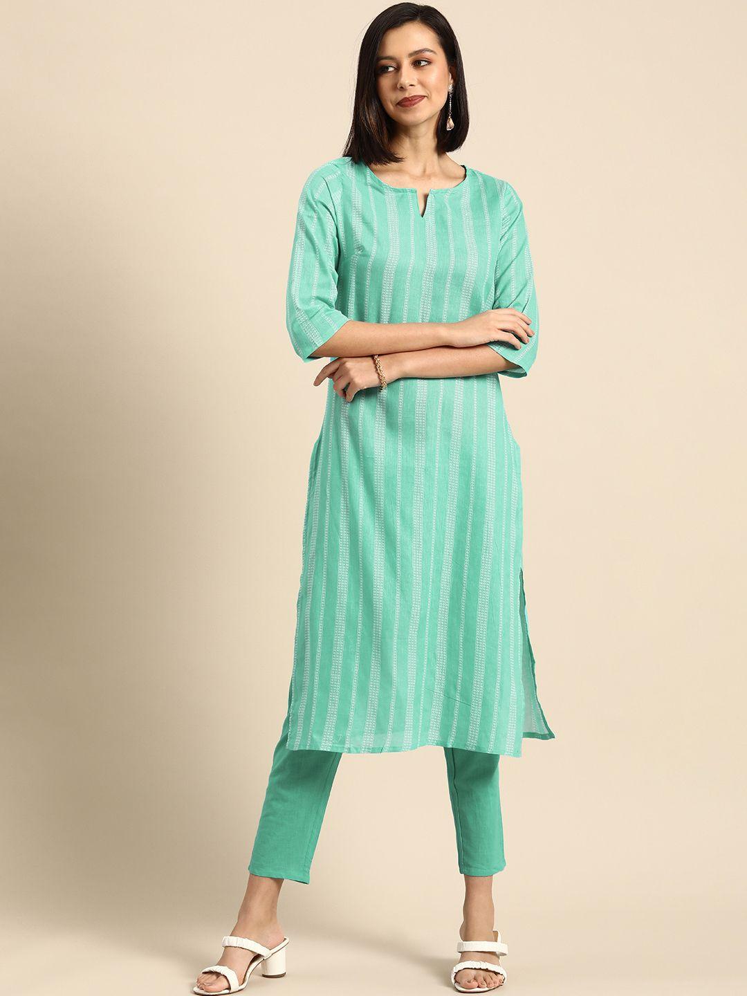 anouk women blue printed pure cotton kurta with trousers