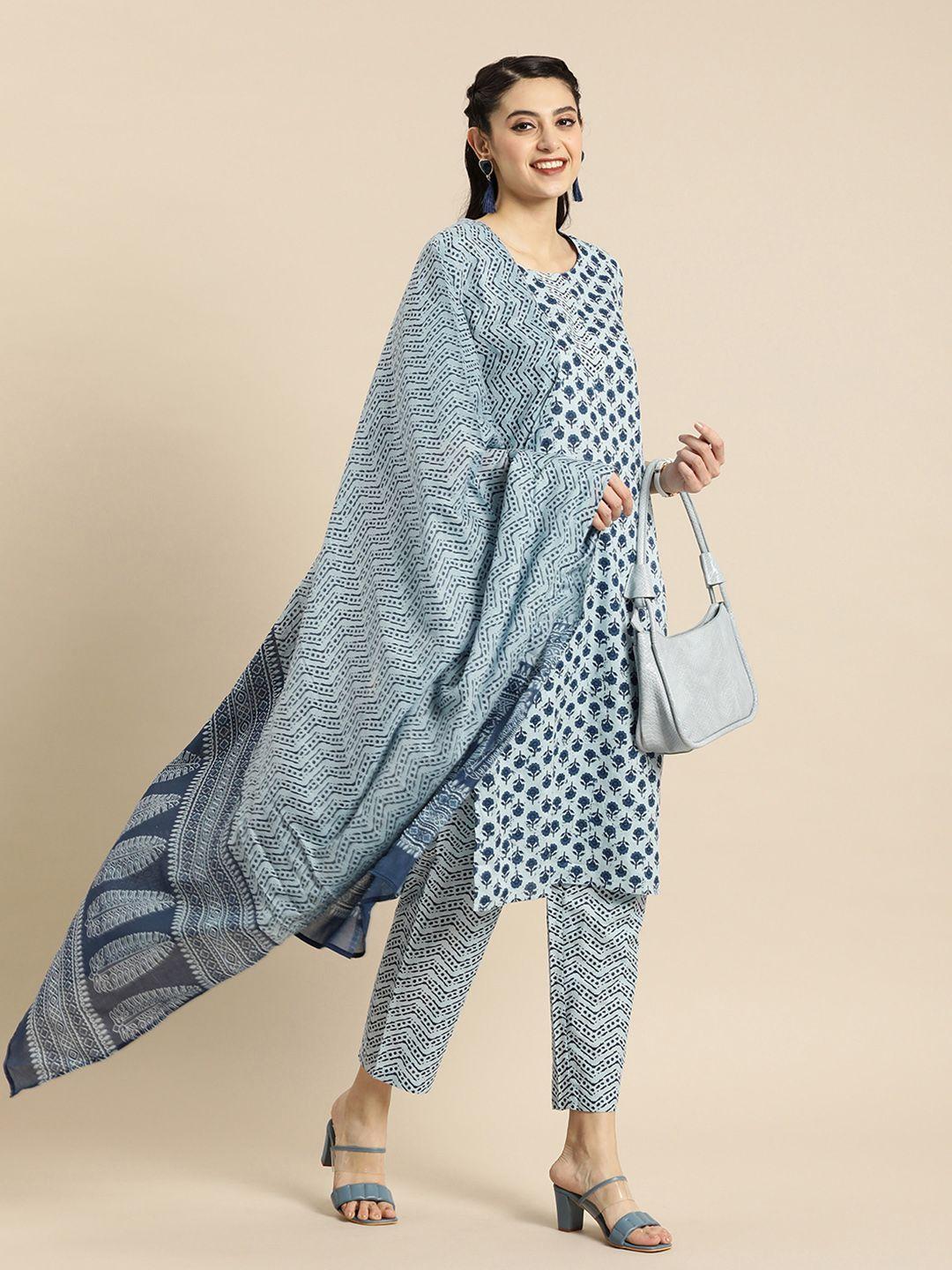 anouk women blue printed pure cotton kurta with trousers