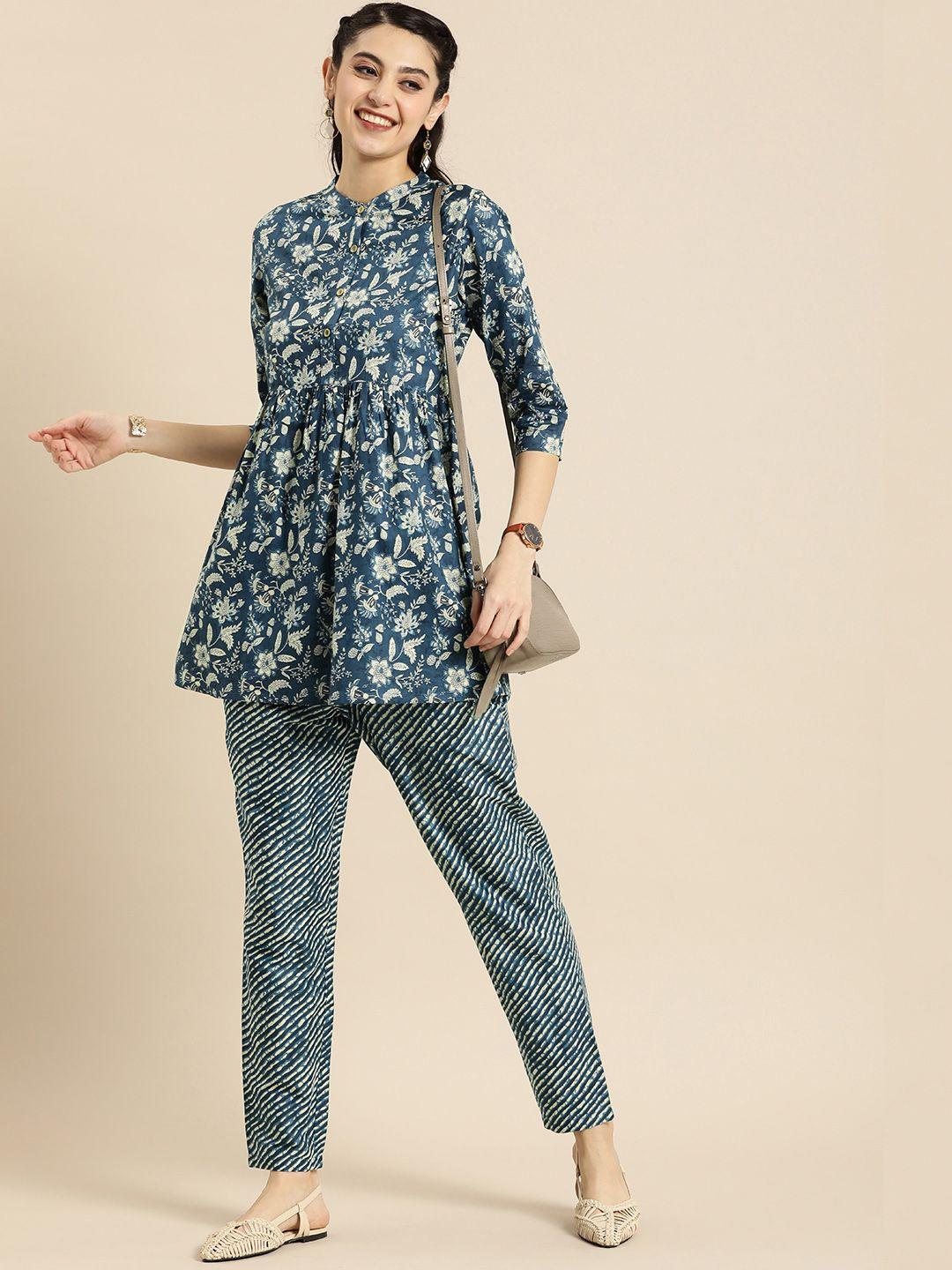 anouk women blue printed pure cotton kurta with trousers