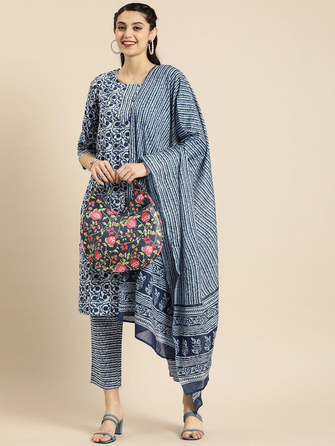 anouk women blue printed pure cotton kurta with trousers