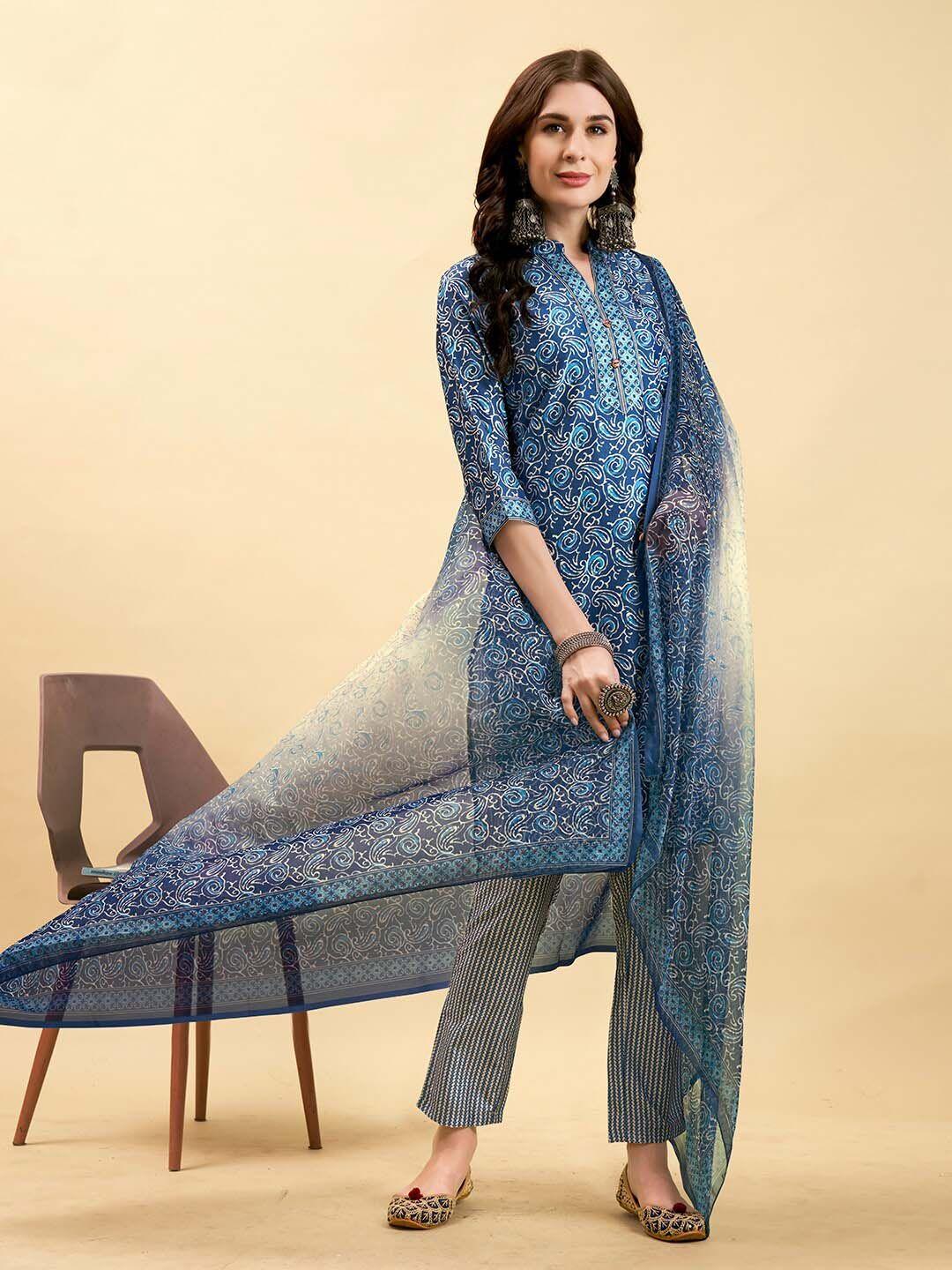 anouk women blue printed regular kurta with trousers & with dupatta