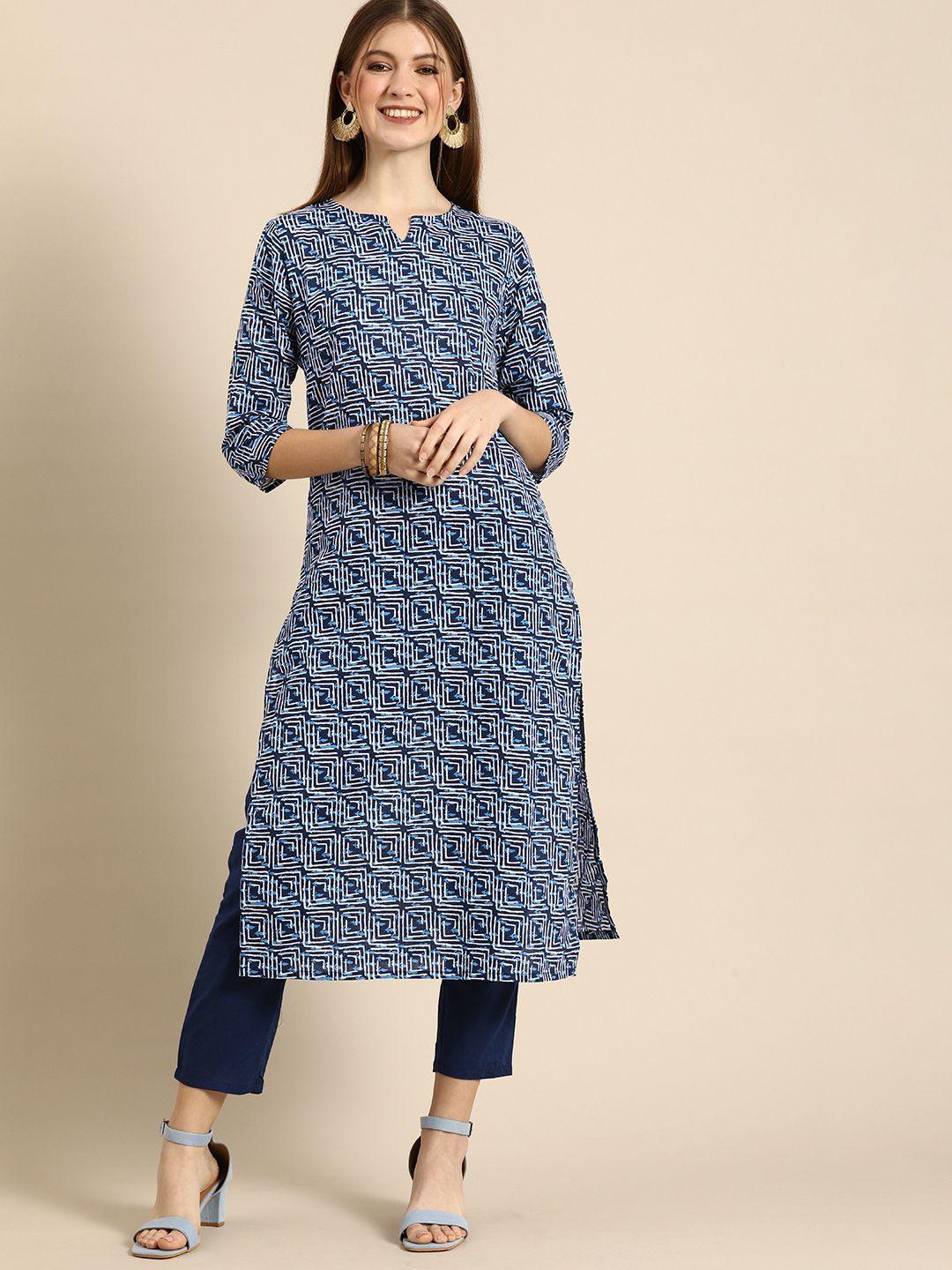 anouk women blue printed regular pure cotton kurta with trousers
