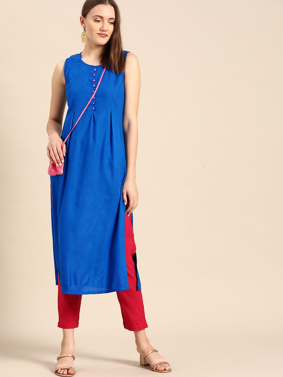 anouk women blue solid a-line kurta