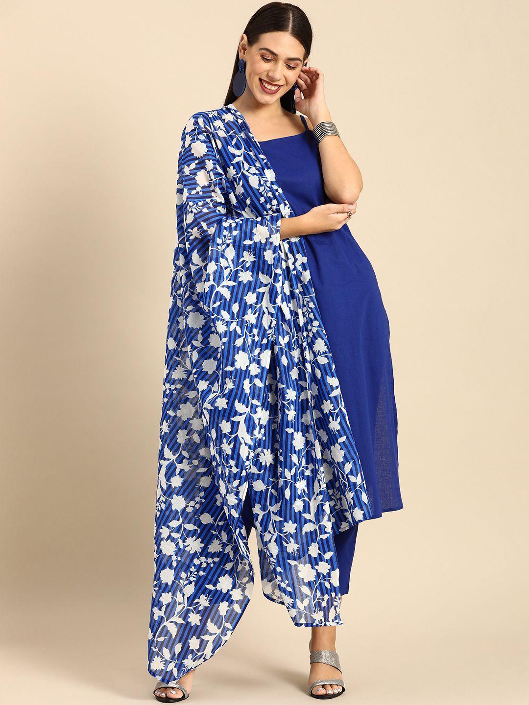 anouk women blue solid sleeveless pure cotton kurta with trousers & dupatta