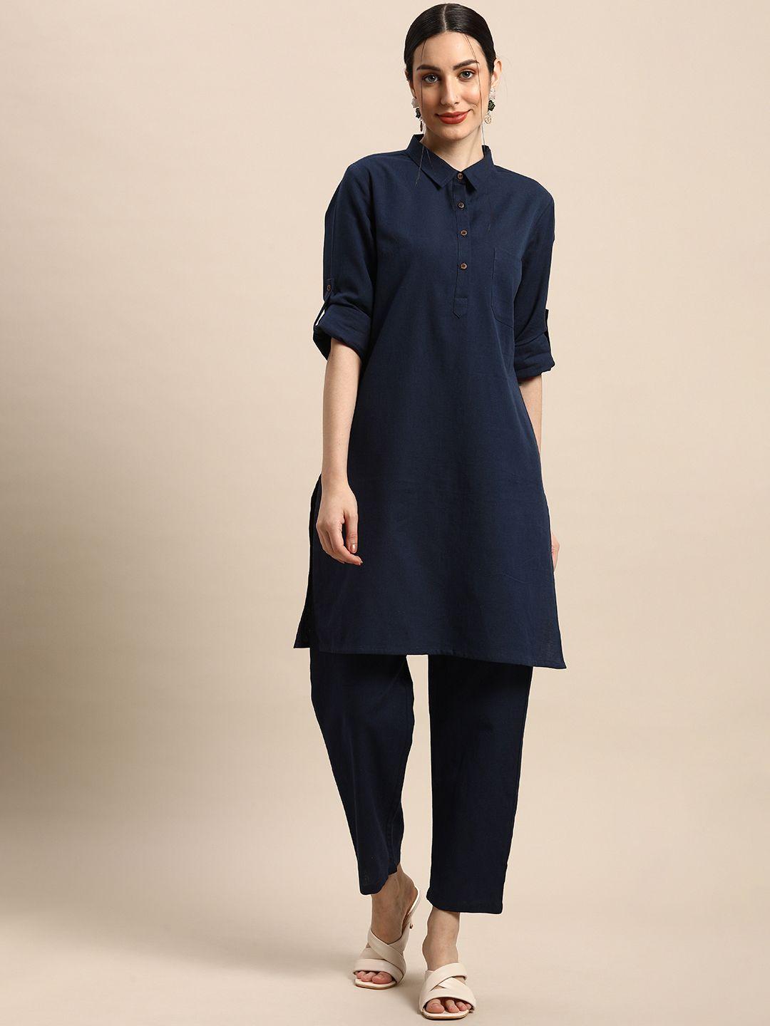 anouk women blue solid straight kurta with trousers