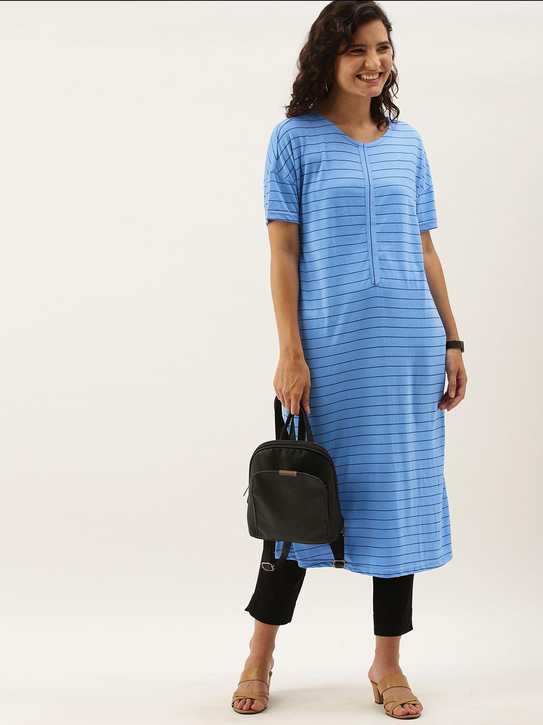 anouk women blue striped drop down shoulder sleeves knitted kurta