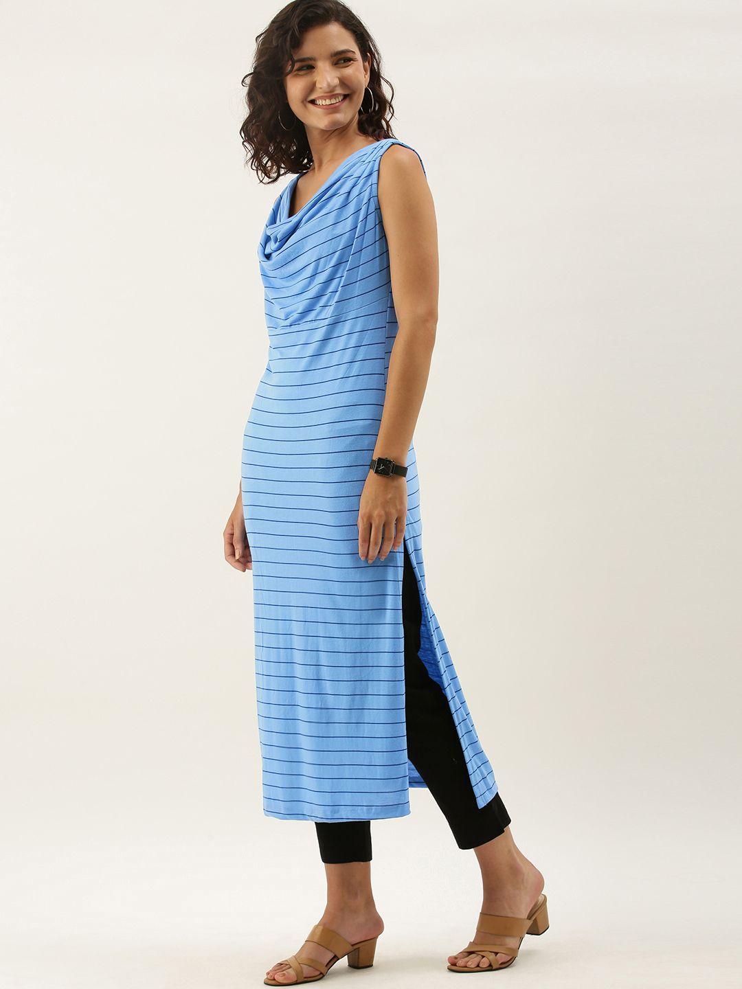 anouk women blue striped shawl neck knitted kurta