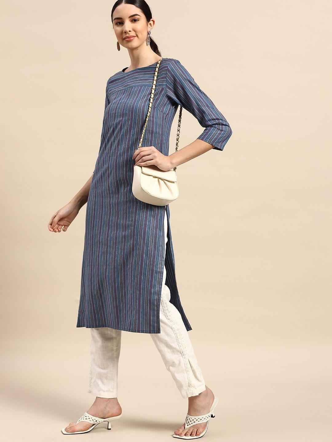 anouk women blue striped thread work yarn dyed kurta