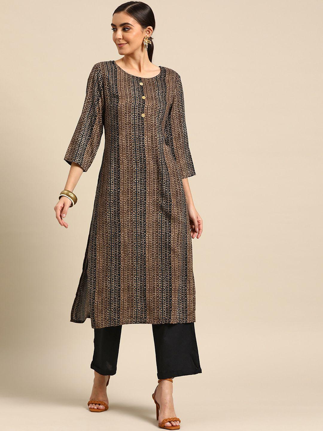 anouk women brown & black geometric printed kurta