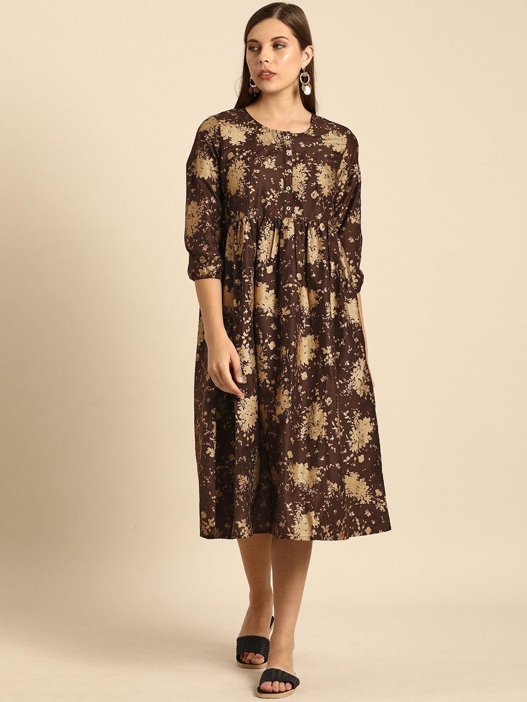 anouk women brown & gold-toned printed fit and flare dress