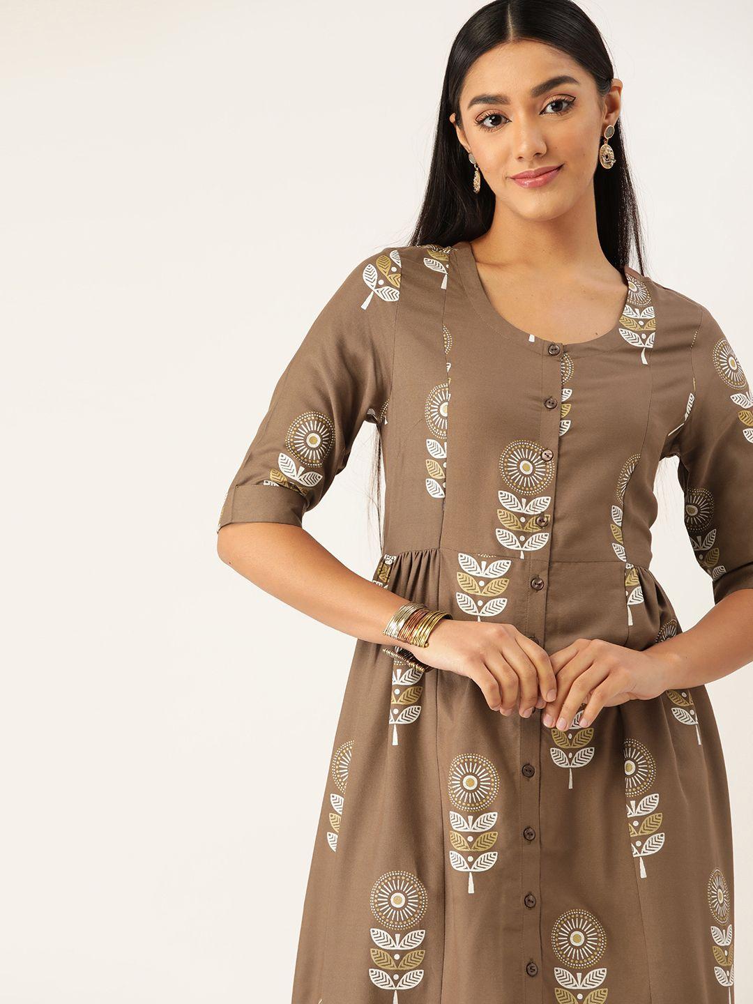 anouk women brown & white ethnic motifs printed a-line midi dress