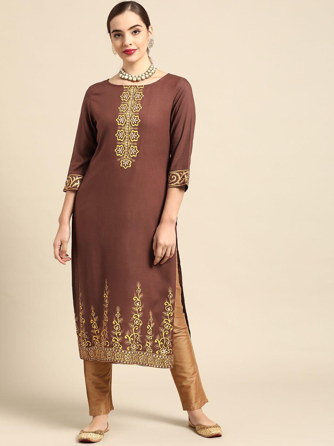 anouk women brown & yellow ethnic motifs yoke design block print kurta