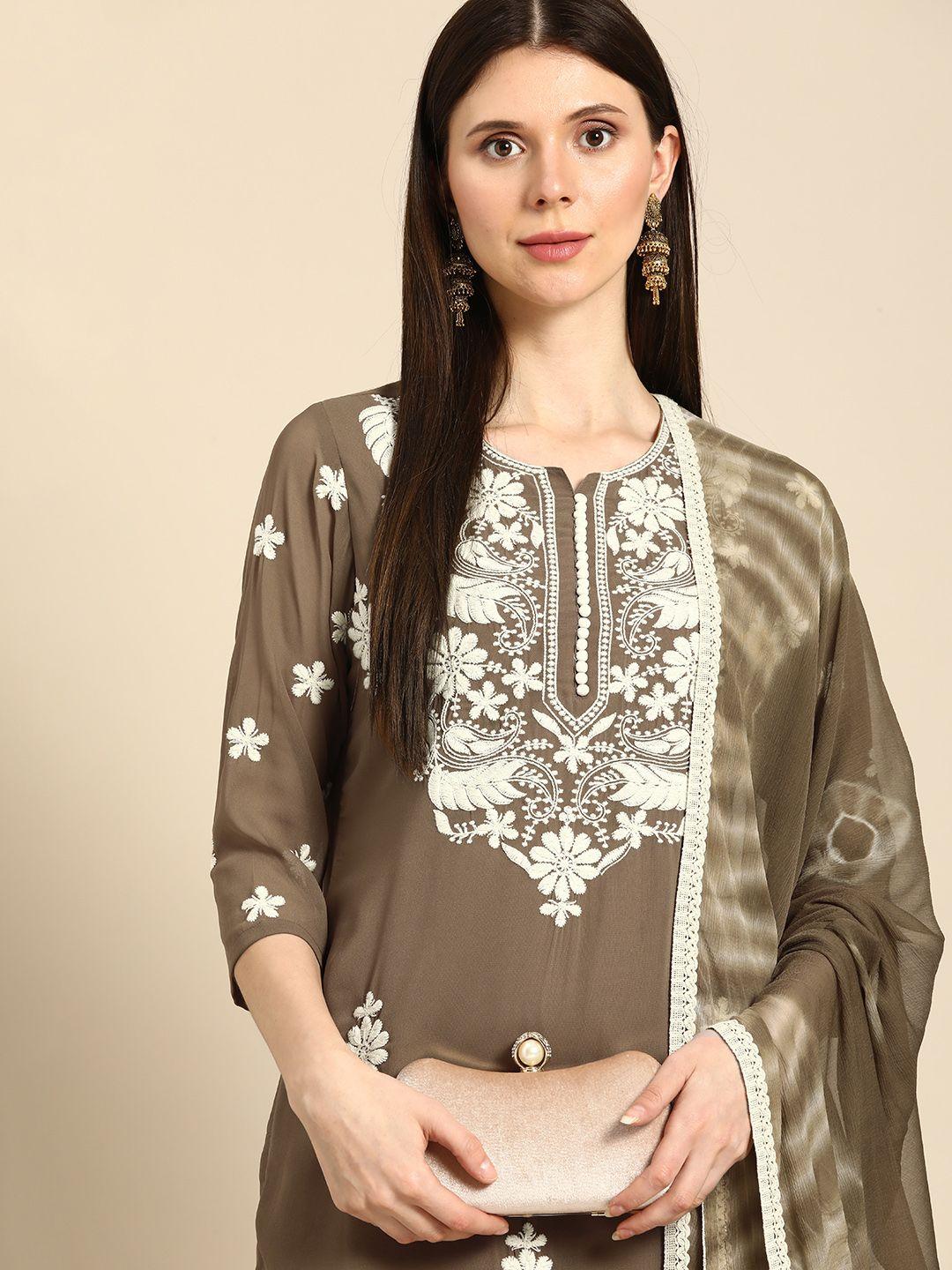 anouk women brown ethnic motifs embroidered thread work kurta with palazzos & with dupatta