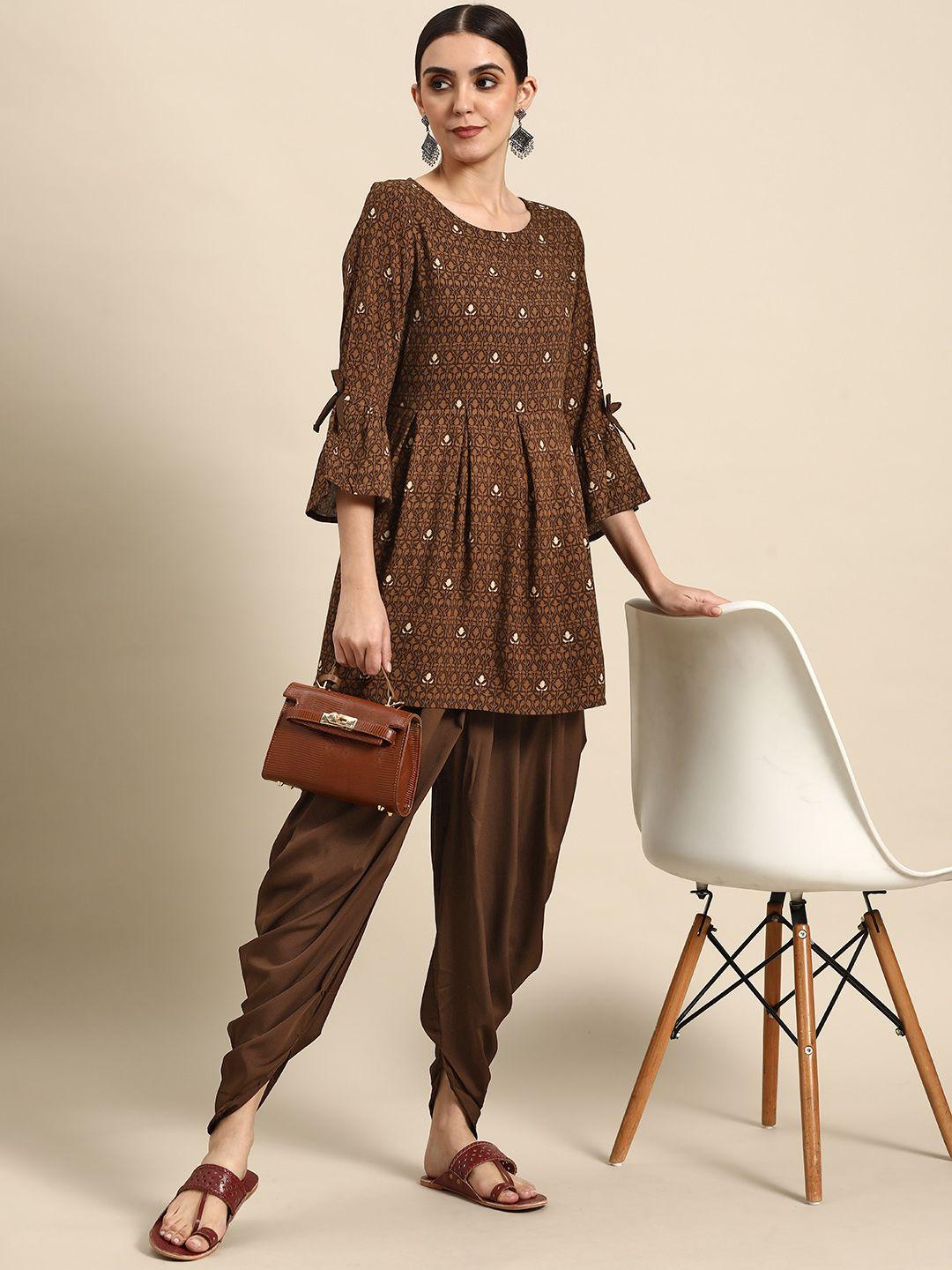 anouk women brown ethnic motifs printed kurta with dhoti pants