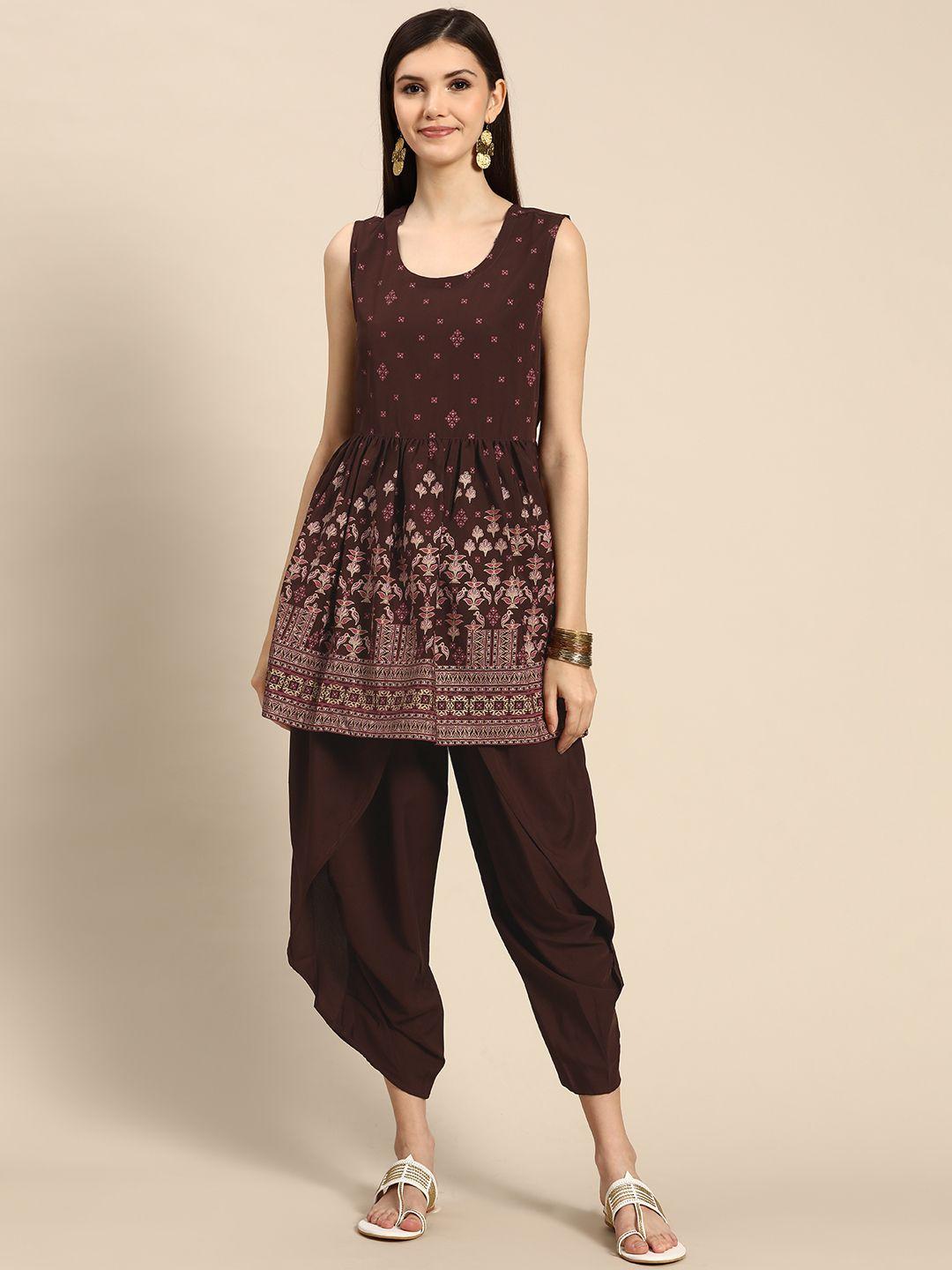 anouk women brown ethnic motifs printed kurta with dhoti pants