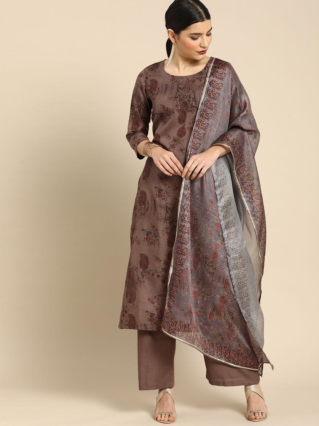 anouk women brown ethnic motifs printed regular kurta with palazzos & with dupatta