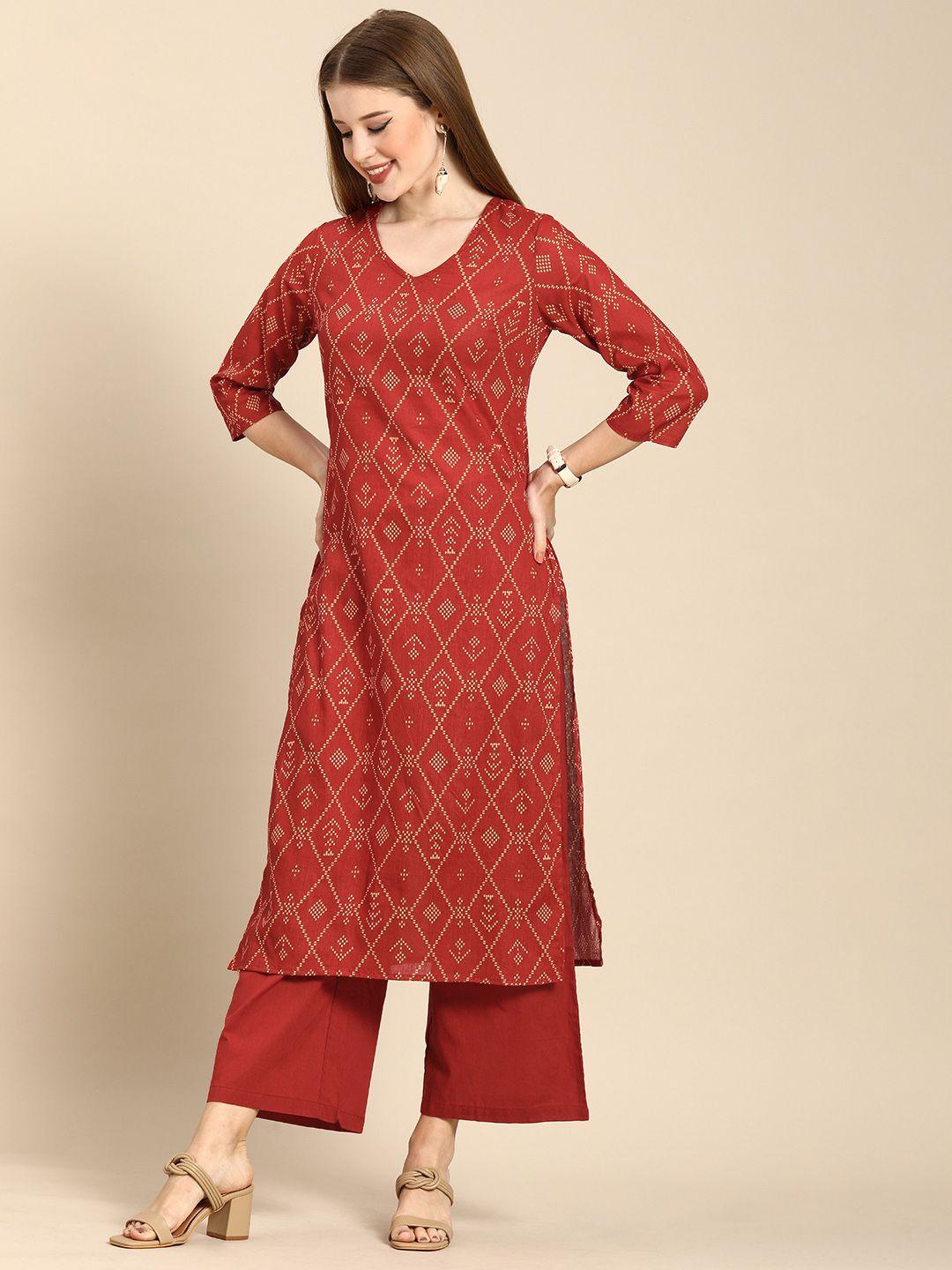 anouk women brown printed pure cotton kurta with palazzos