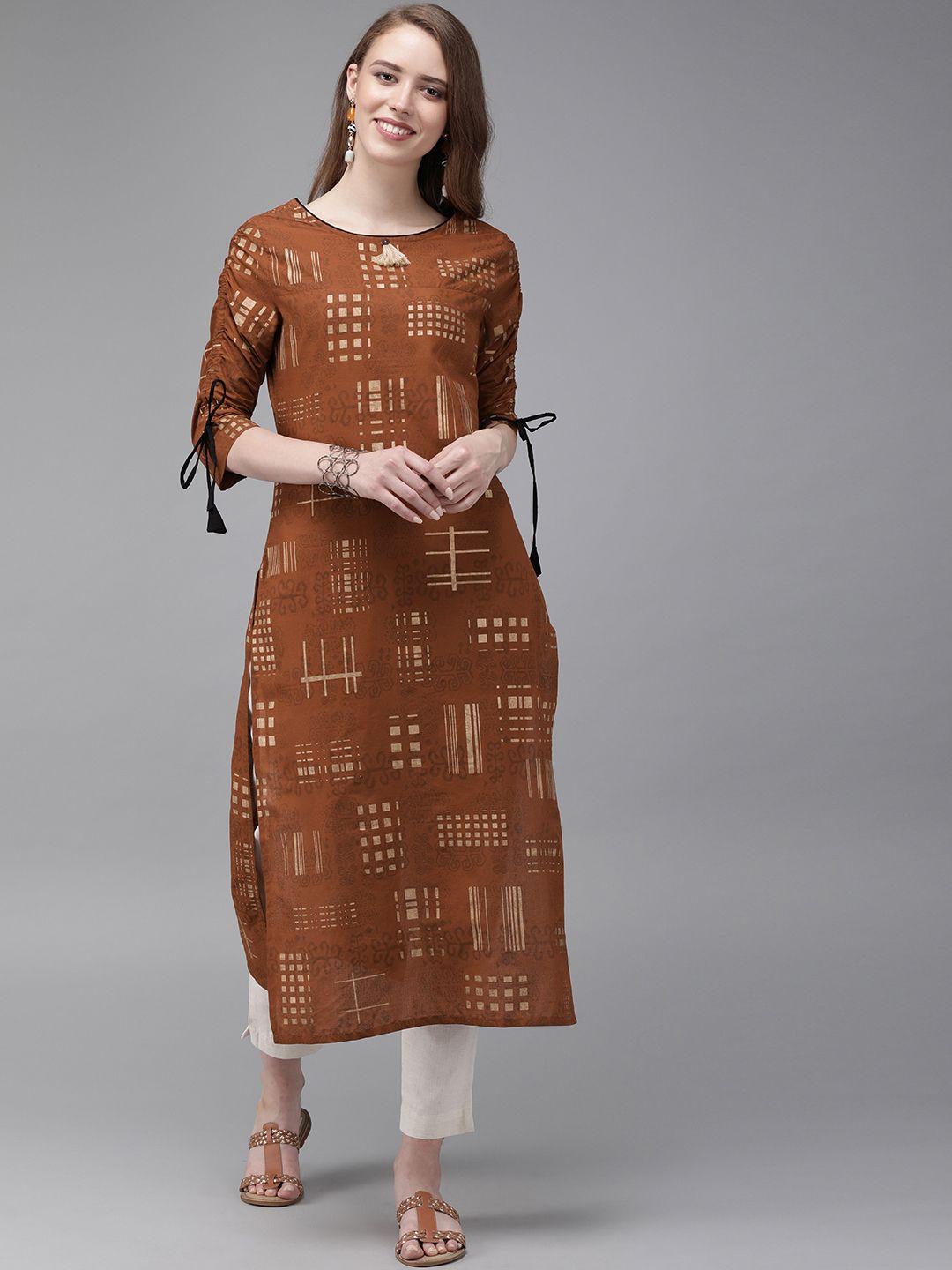 anouk women brown printed straight kurta