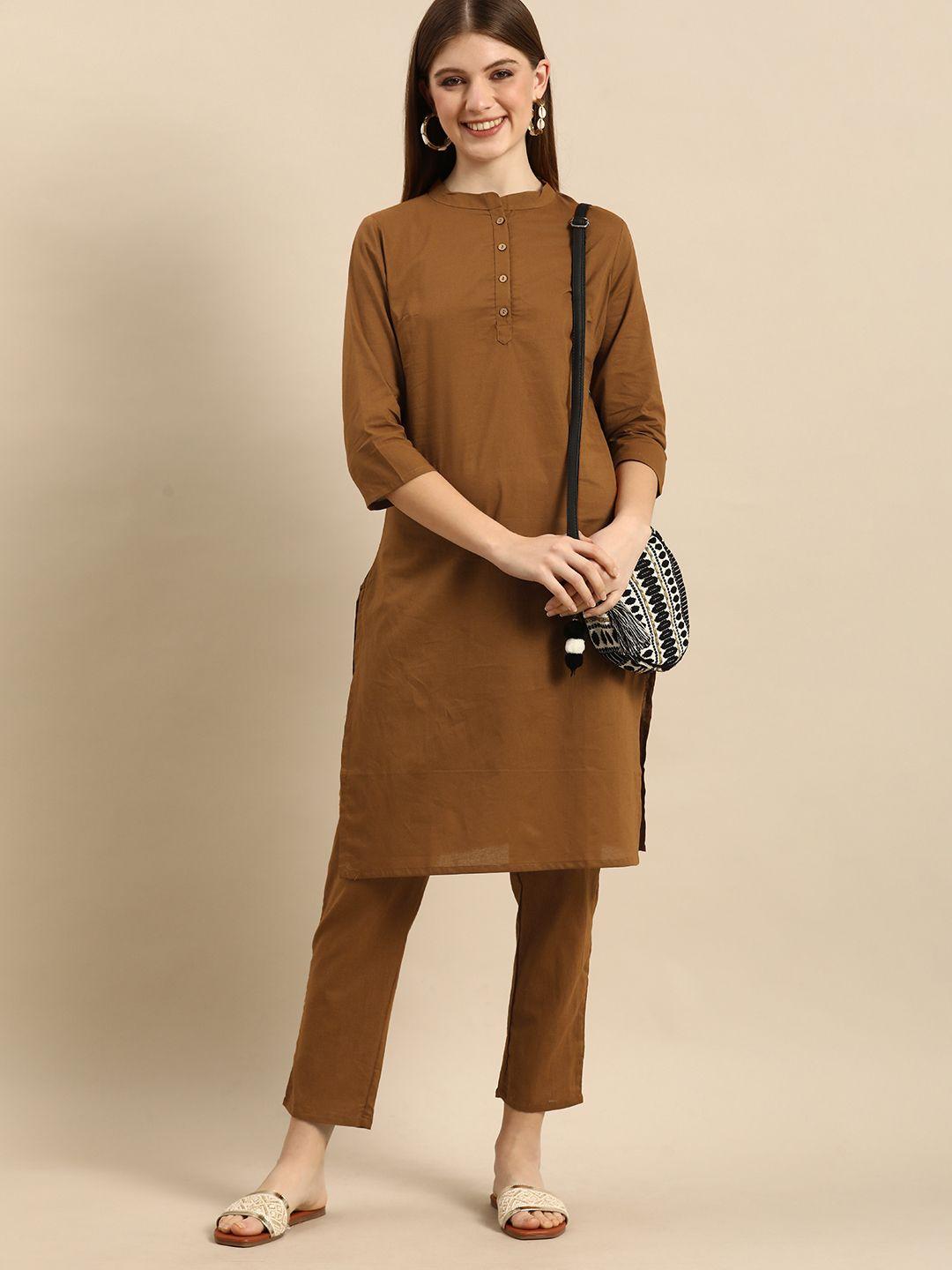 anouk women brown solid regular pure cotton kurta with trousers