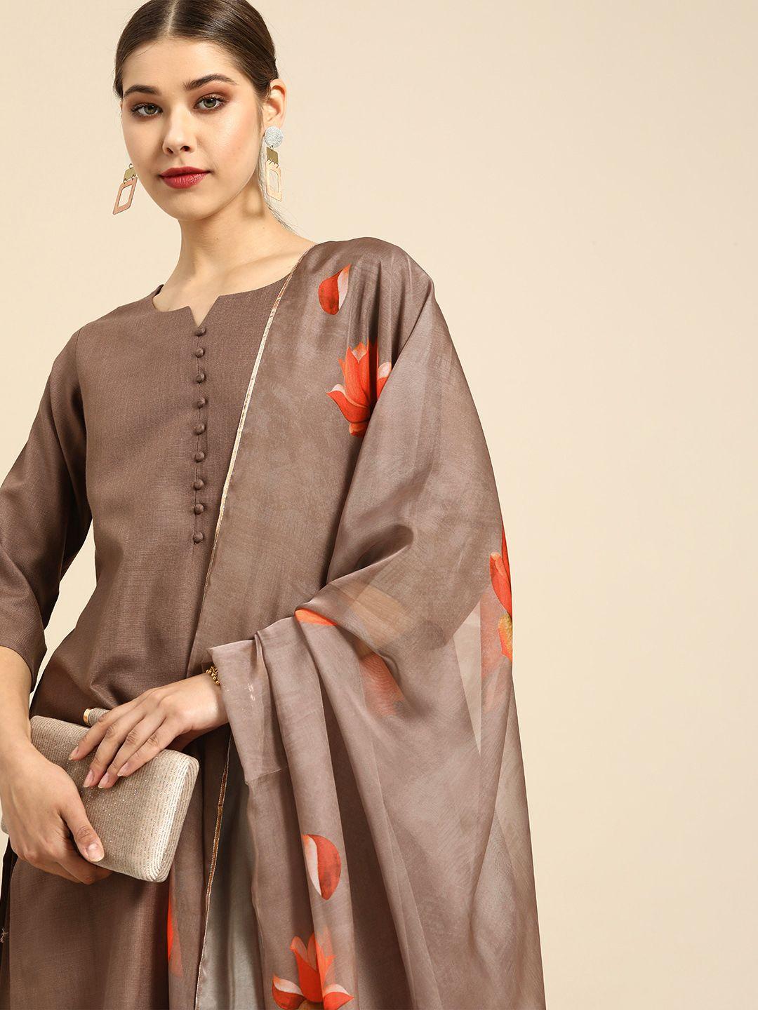 anouk women brown solid straight kurta with palazzos & with dupatta