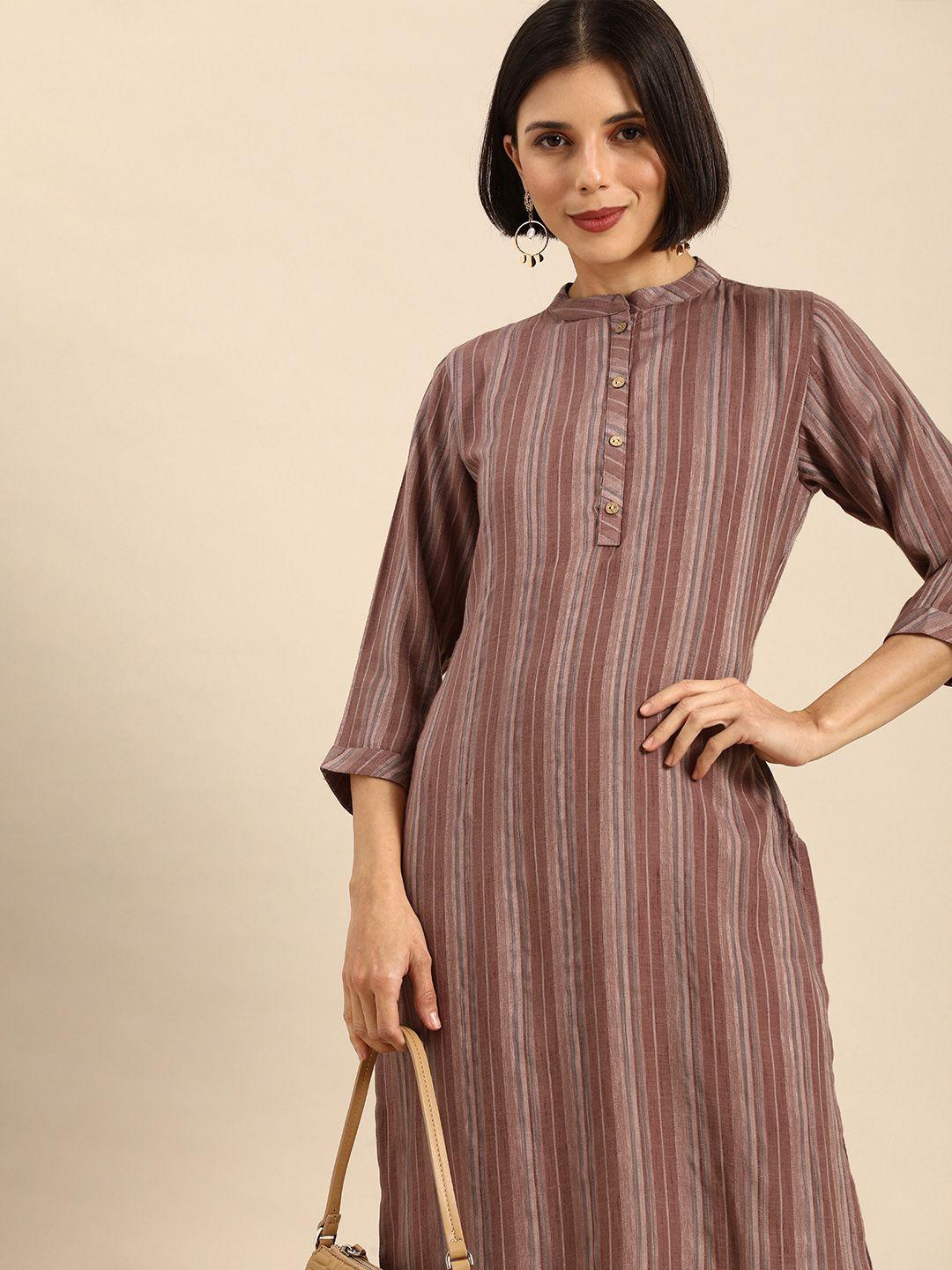 anouk women brown striped kurta