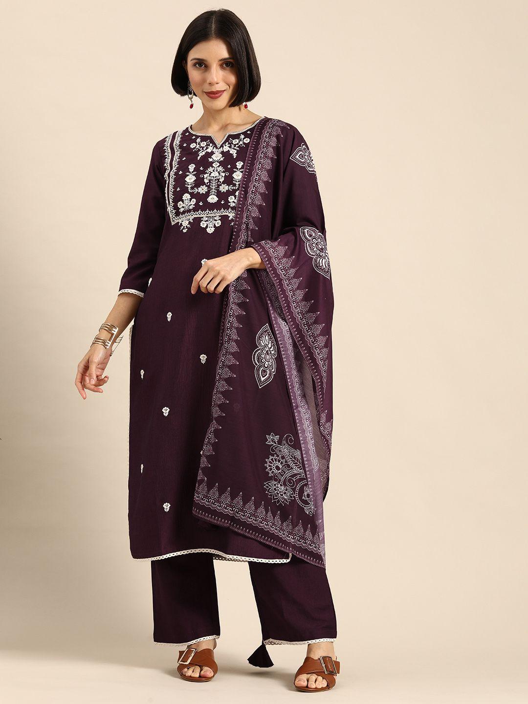 anouk women burgundy ethnic motifs embroidered kurta with palazzos & dupatta