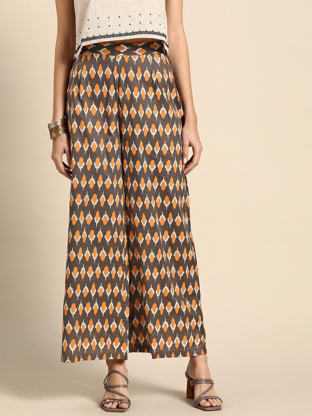 anouk women charcoal grey & orange pure cotton ethnic motifs printed wide leg palazzos