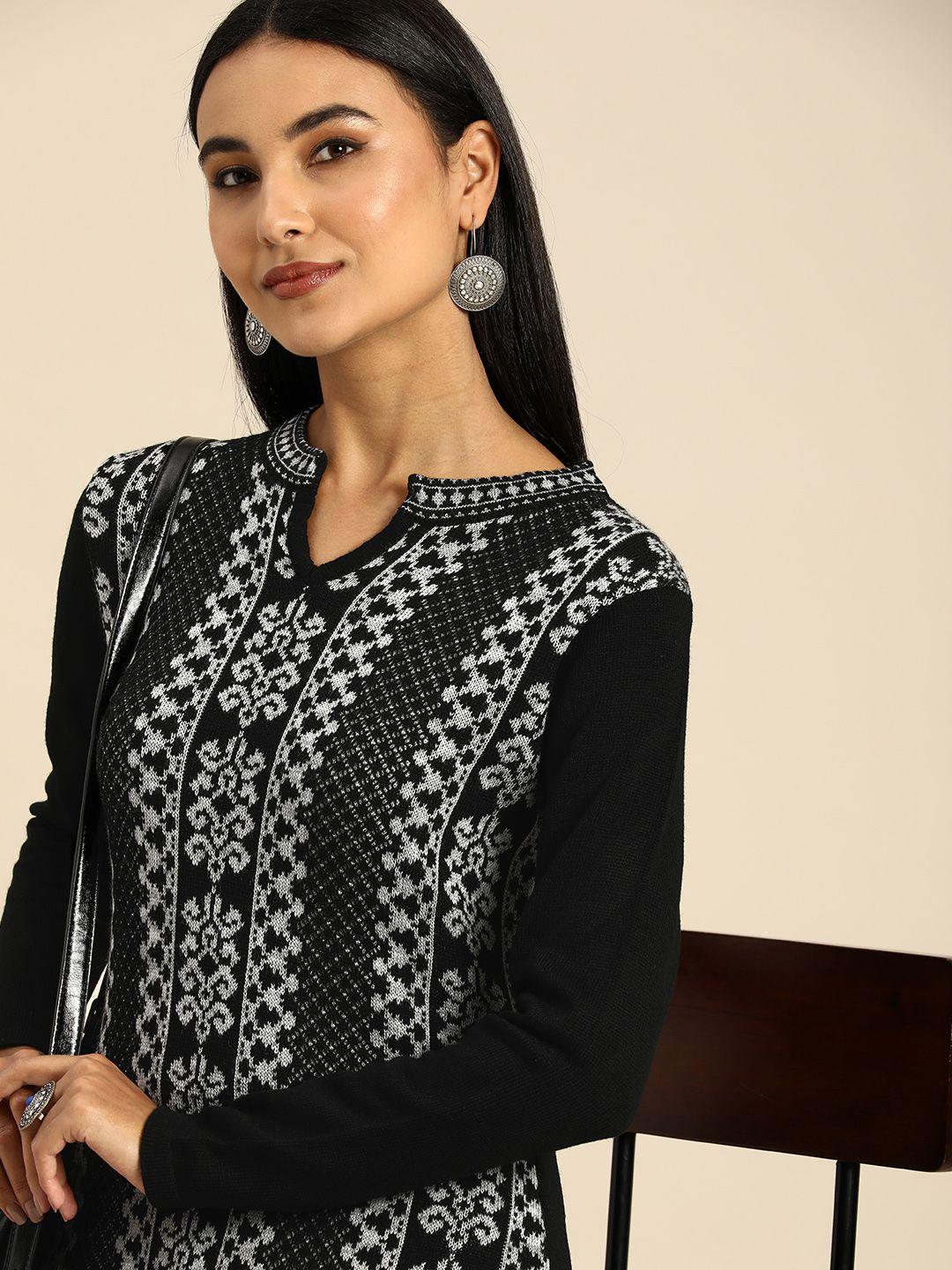 anouk women charcoal grey ethnic motifs printed acrylic kurta