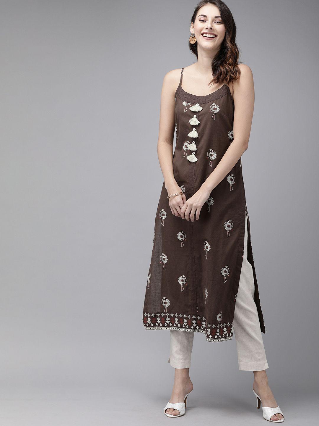 anouk women coffee brown & beige printed straight kurta