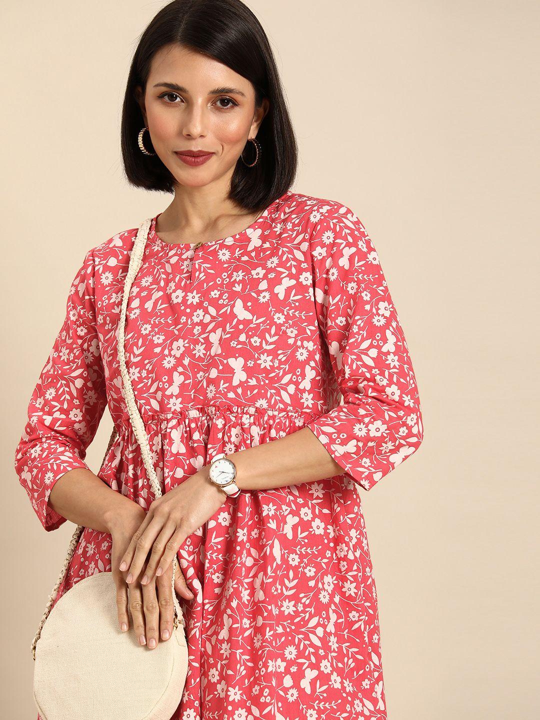 anouk women coral & white floral print a-line dress