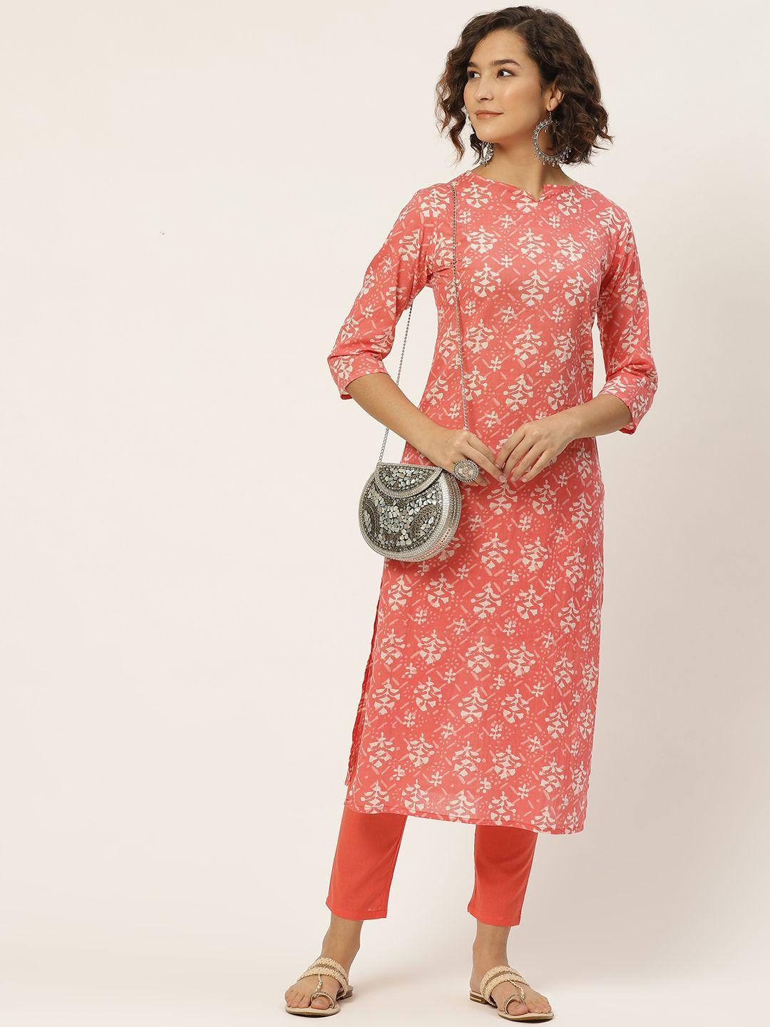 anouk women coral orange & cream-coloured printed straight pure cotton kurta with trousers