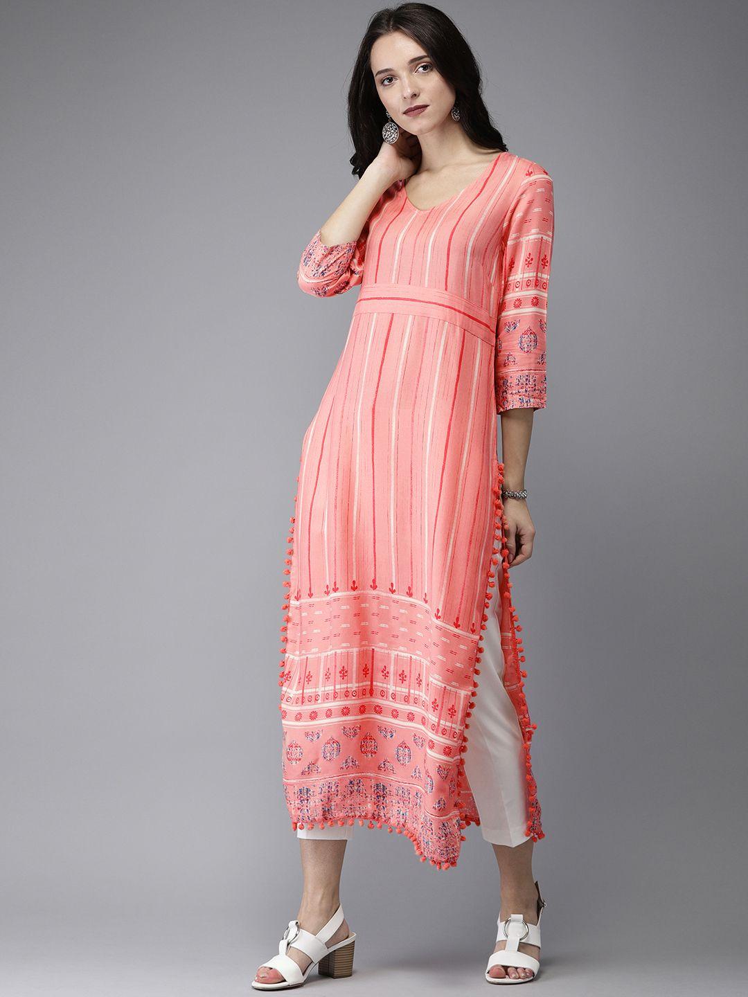 anouk women coral pink & beige striped straight kurta