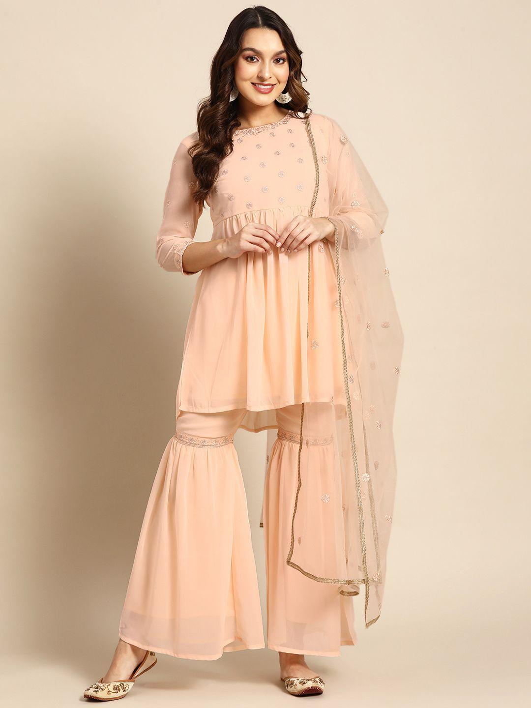 anouk women cream-coloured floral embroidered pleated thread work kurti with sharara & with dupatta