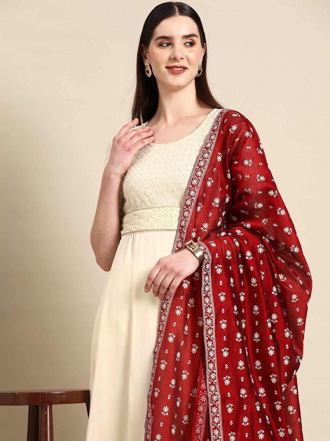 anouk women cream-coloured yoke design kurta with palazzos & with dupatta