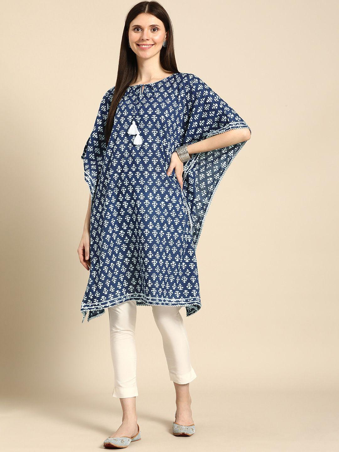 anouk women dark blue & white ethnic motifs printed pure cotton kaftan kurta