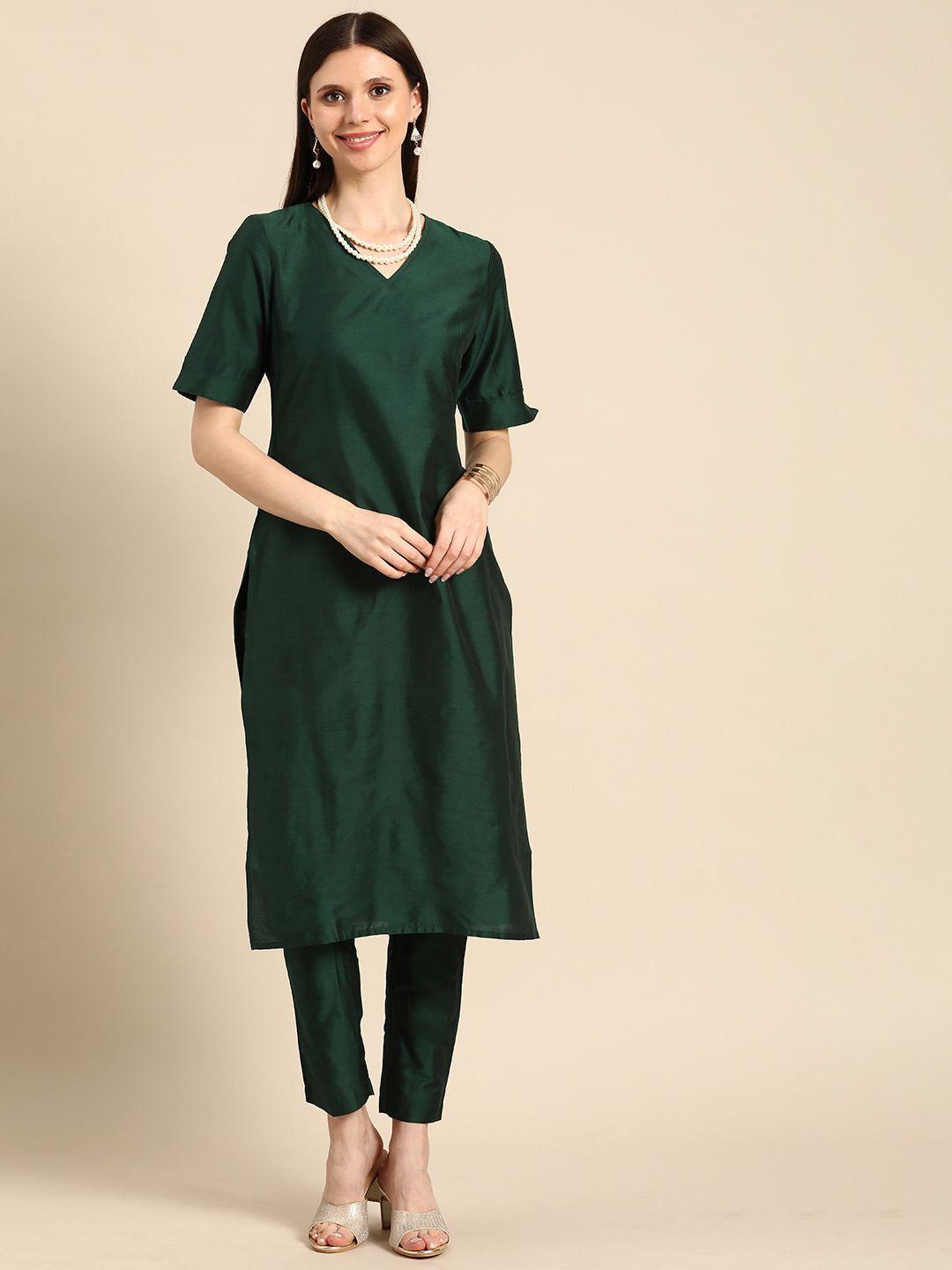 anouk women dark green solid v-neck straight kurta with trousers