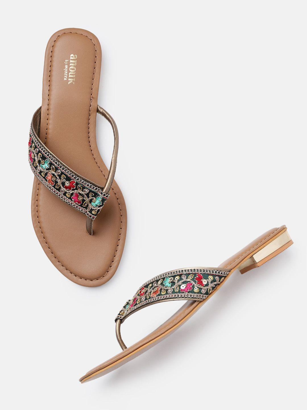 anouk women embroidered & sequin embellished t-strap flats