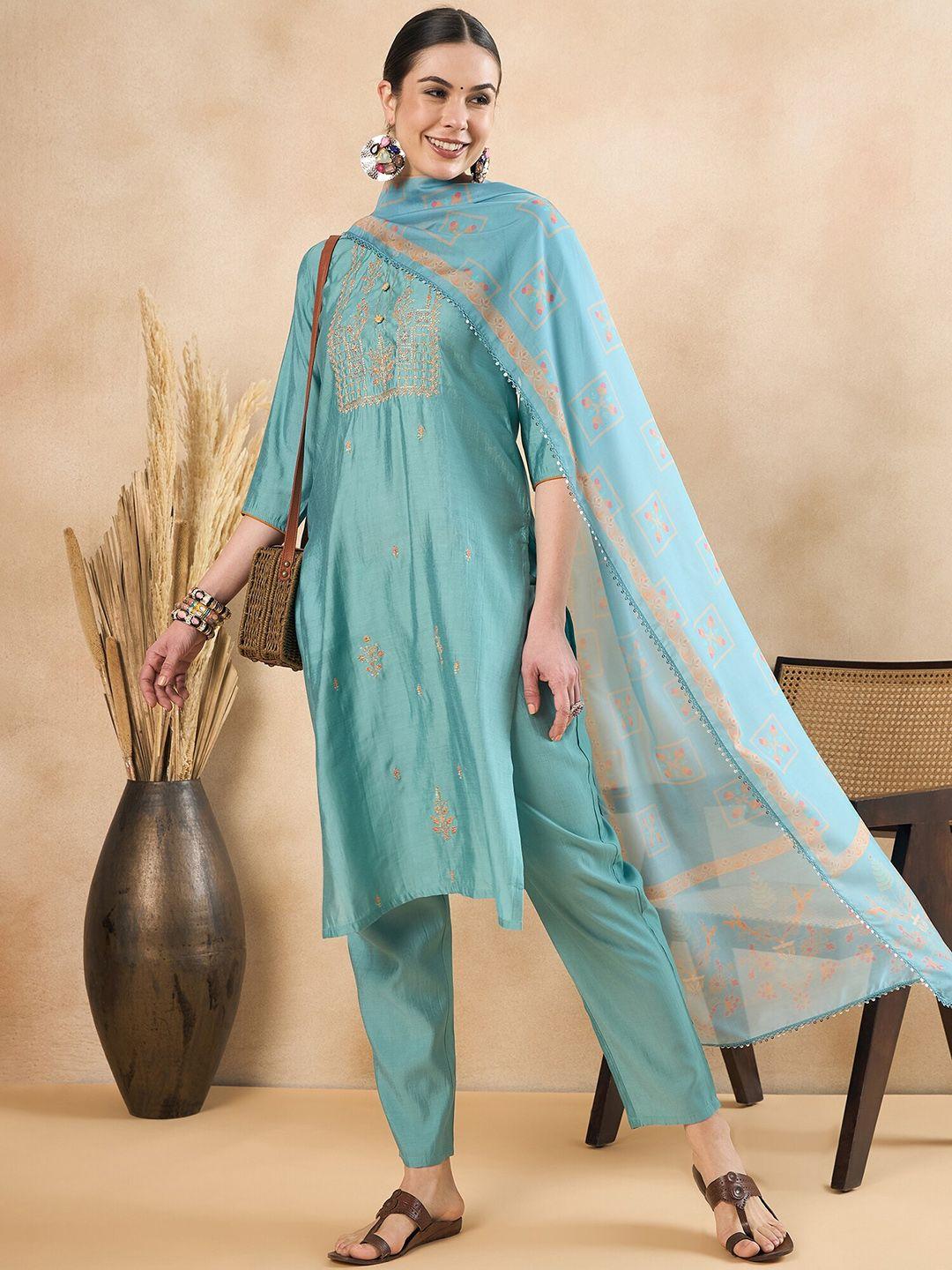 anouk women embroidered regular sequinned kurta with trousers & with dupatta