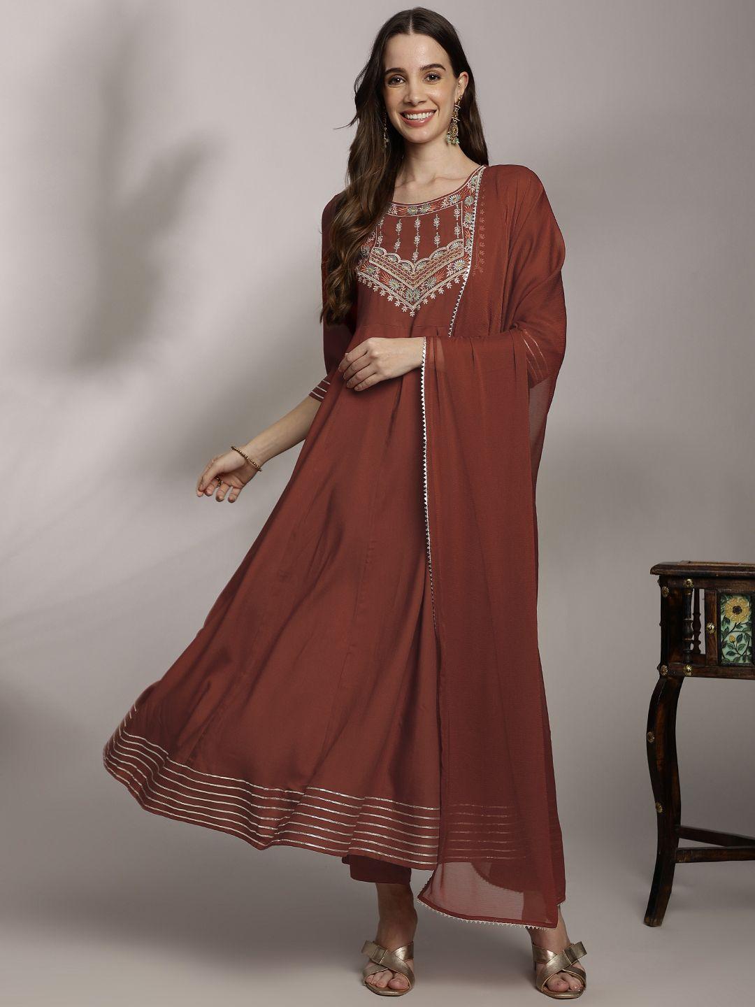 anouk women ethnic motifs embroidered pleated kurta with trousers & dupatta